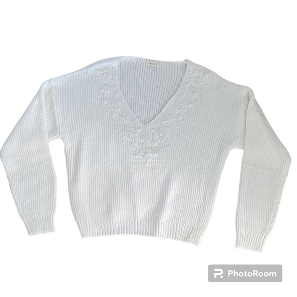 POL Ivory V-Neck Mohair Wool Sweater Embroidered with Pearl Bead Detail NEW - Picture 3 of 9